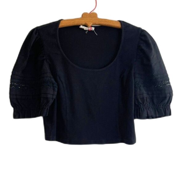 Loveriche Scoop Neck Top L Boho Puff Sleeve Eyelet Lace Blk Romantic Cottagecore - Picture 1 of 7